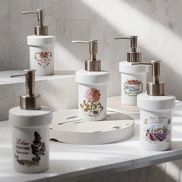 ceramic dispenser bottle on the washbasin