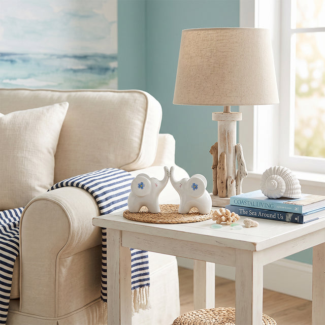 ceramic elephants on coastal side table
