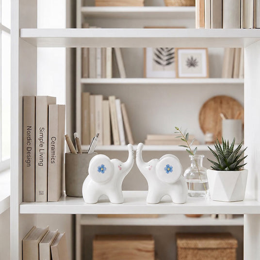 ceramic elephants on white bookshelf