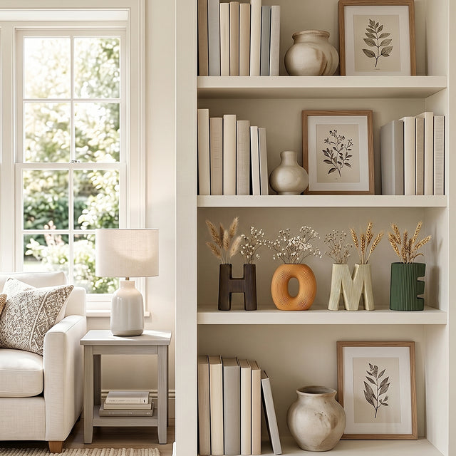 ceramic home letter vases on white bookshelf with dried flowers