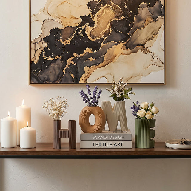 ceramic home letter vases under painting with candles