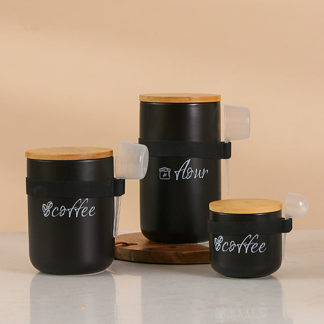 ceramic storage jar set with spoons black