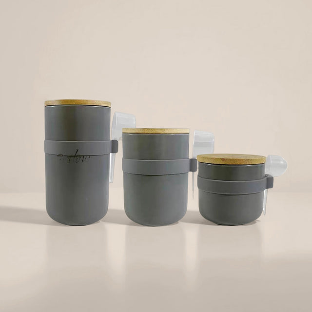 ceramic storage jar set with spoons gray