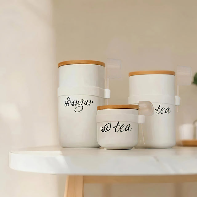 ceramic storage jar set with spoons white