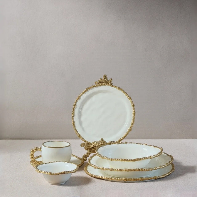 ceramic tableware with golden pearl trimmed edge