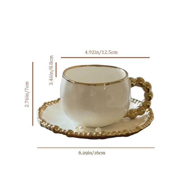 ceramic tableware with golden pearl trimmed edge cup and tray size chart