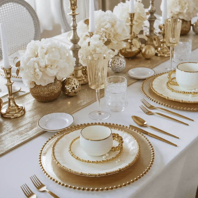 ceramic tableware with golden pearl trimmed edge on the dining table