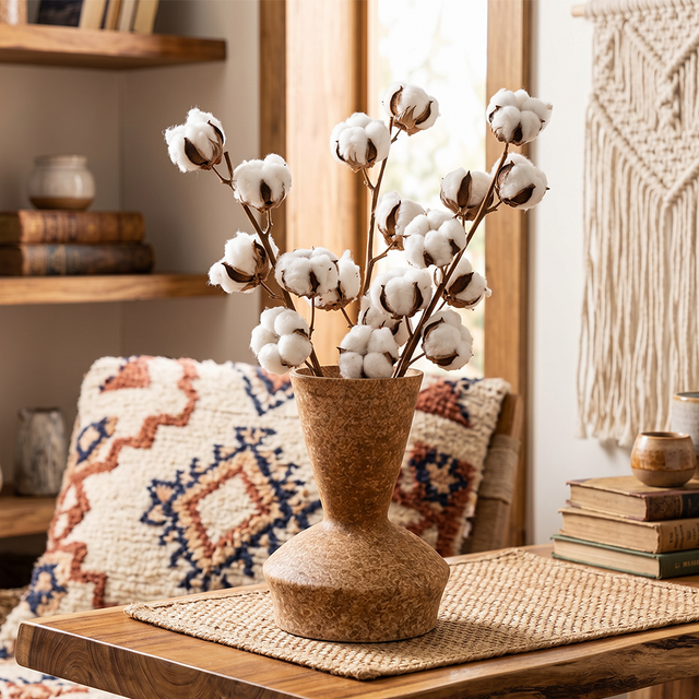 ceramic vase with cotton branches on table