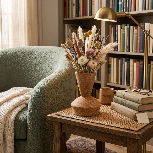 ceramic vase with fresh flowers beside bookshelf