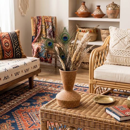 ceramic vase with peacock feathers in boho room