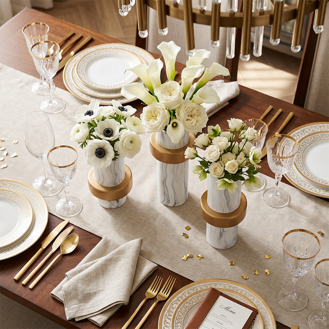 ceramic vases with roses and anemones on table