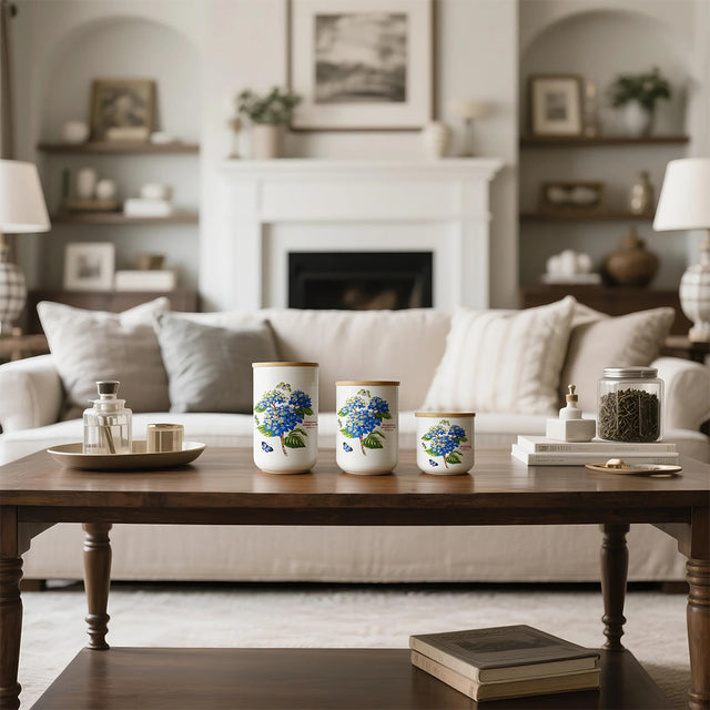 ceramic white cylinder storage jar with a wooden lid in the living room