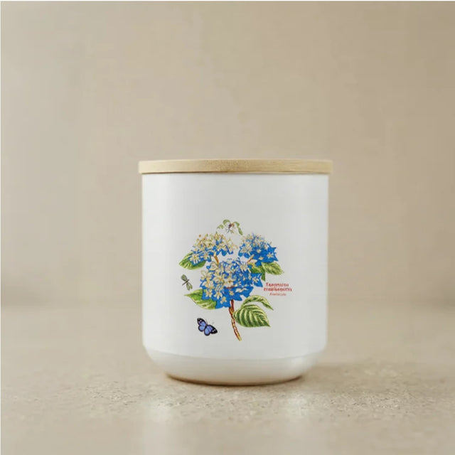 ceramic white cylinder storage jar with a wooden lid small size