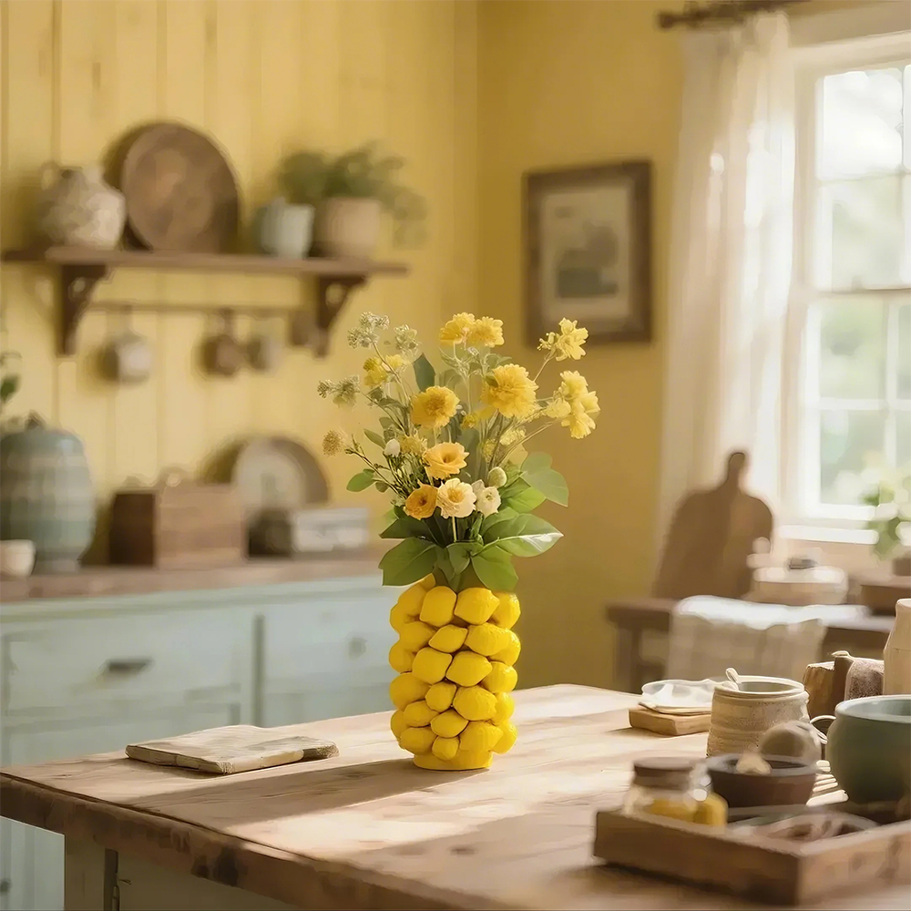 ceramic yellow cylinder lemon vase fresh flower arrangement