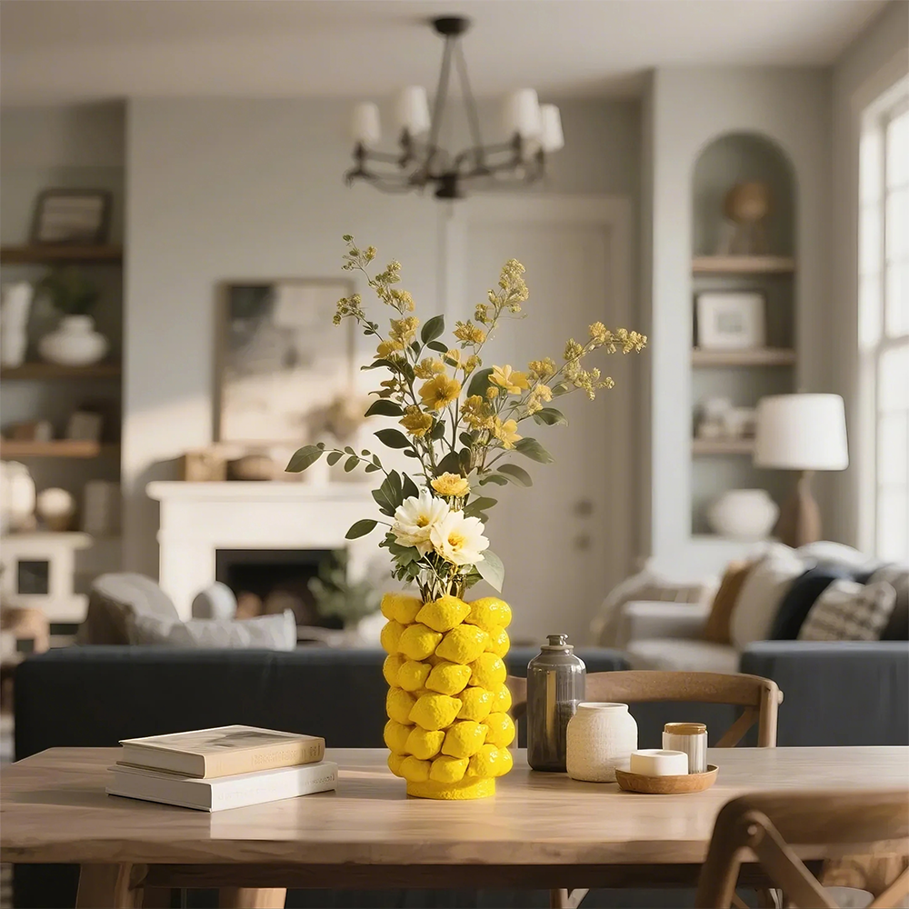 ceramic yellow cylinder lemon vase fresh flower arrangement in the living room
