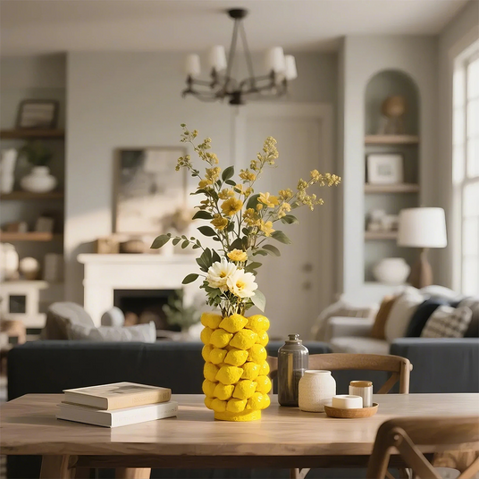 ceramic yellow cylinder lemon vase fresh flower arrangement in the living room