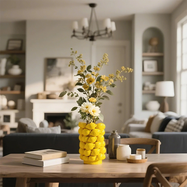 ceramic yellow cylinder lemon vase fresh flower arrangement in the living room