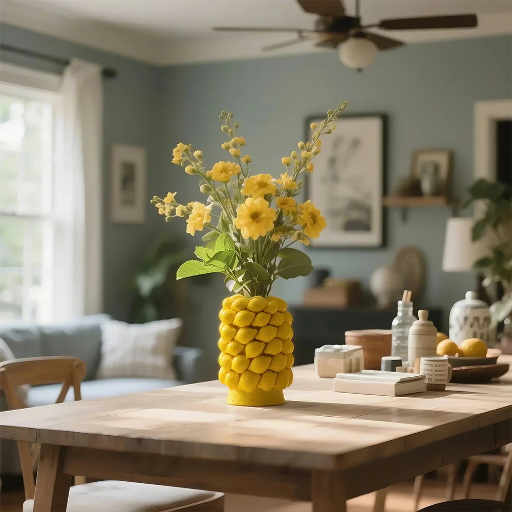 ceramic yellow cylinder lemon vase in the living room