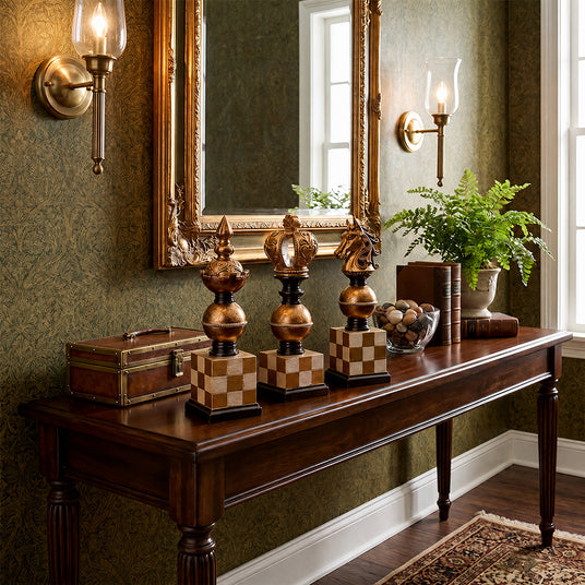 chess piece decor on dark wood console table