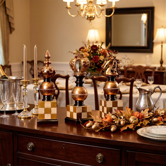 chess piece decor on dining buffet with autumn decor