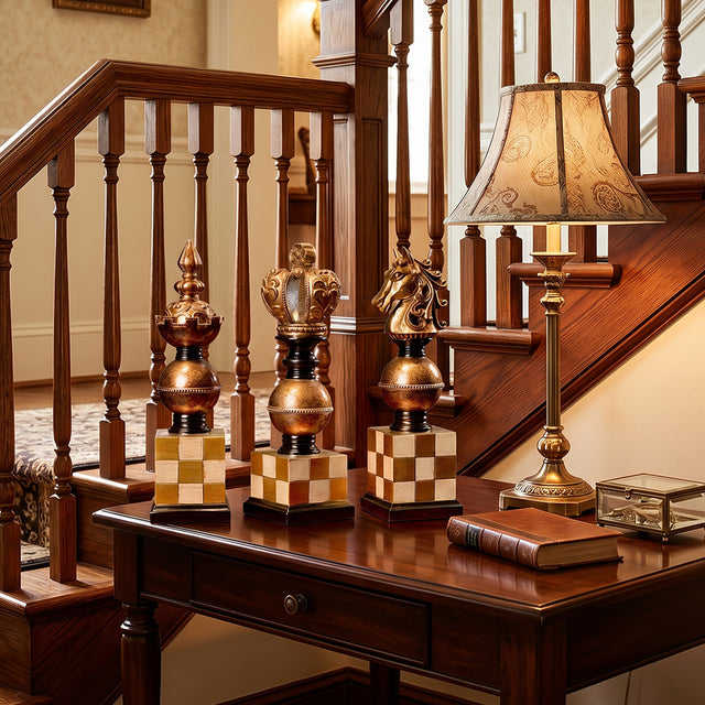 chess piece decor on table near staircase