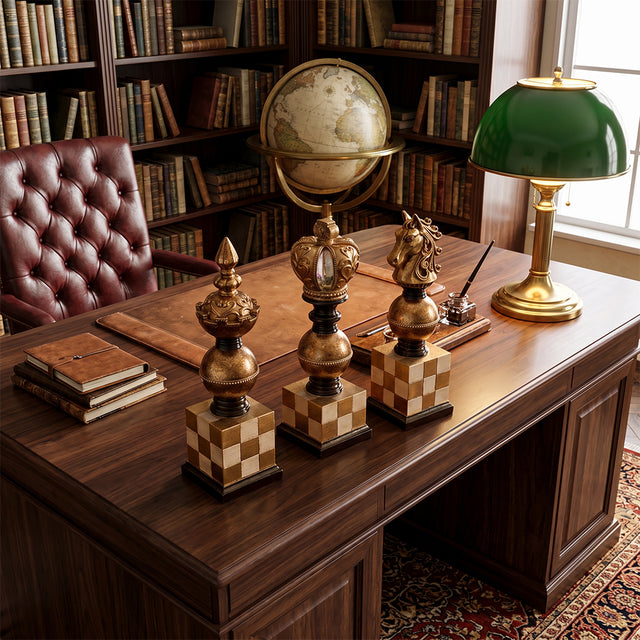 chess piece decor on vintage wooden desk