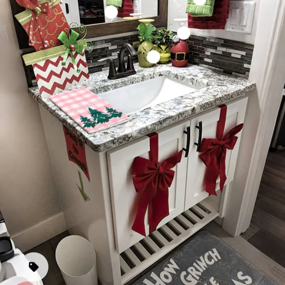 christmas tree dish towels on toilet table