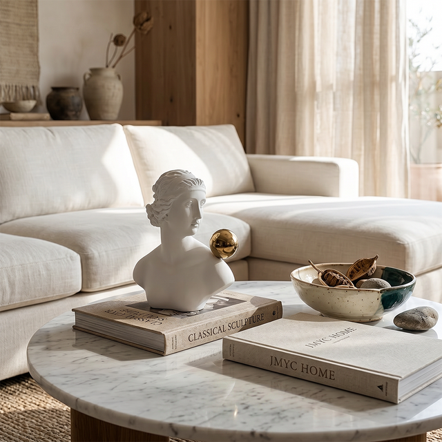 classical bust on marble coffee table with books
