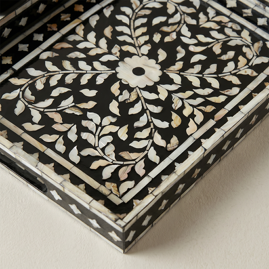 close up of pearl inlay tray flower pattern