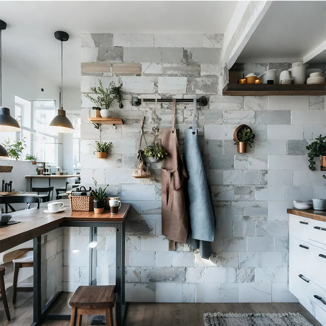 cotton linen waterproof apron hanging in the kitchen