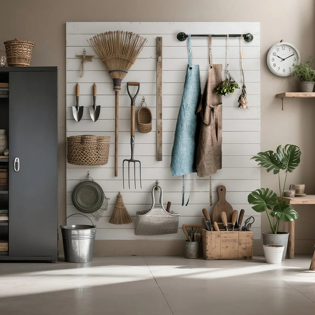 cotton linen waterproof apron on the wall together with the tools