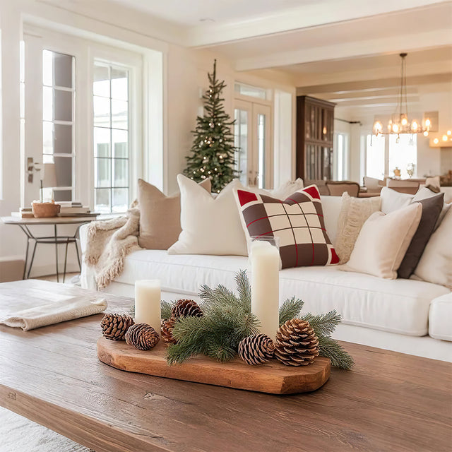 cozy festive square pillow cover on sofa