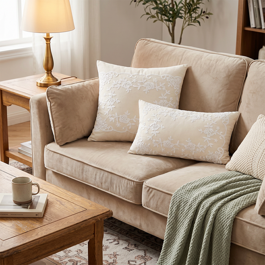 cream embroidered pillows on beige sofa with lamp