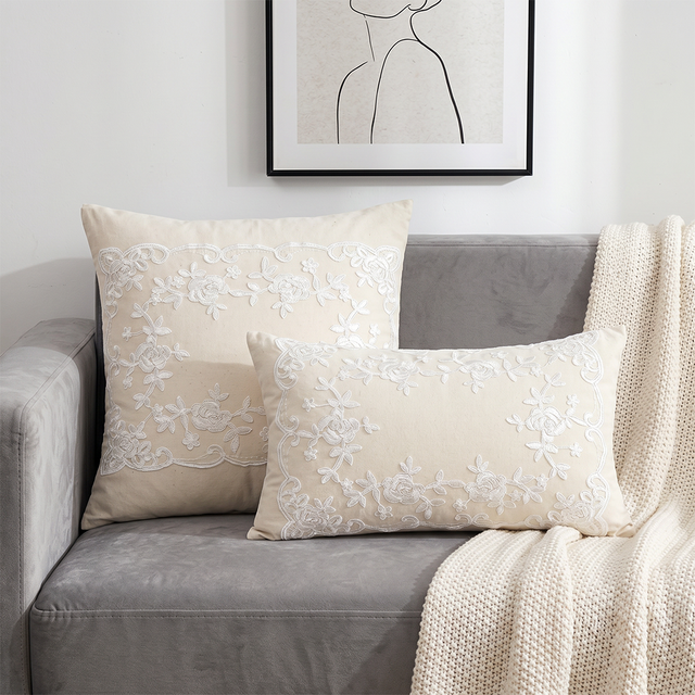 cream lace embroidered floral throw pillows