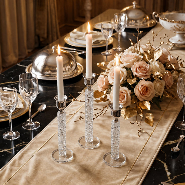 crystal candle holders on luxury black marble table