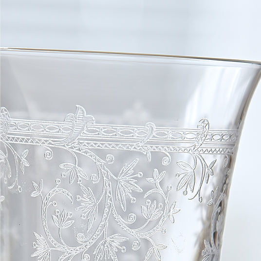 crystal whiskey glass with carved flowers details