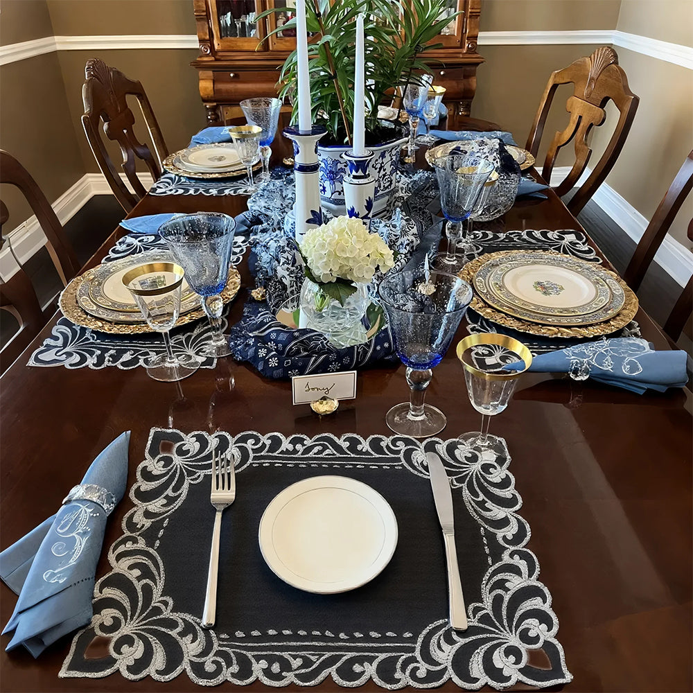 dark grey polyester placemats with tableware