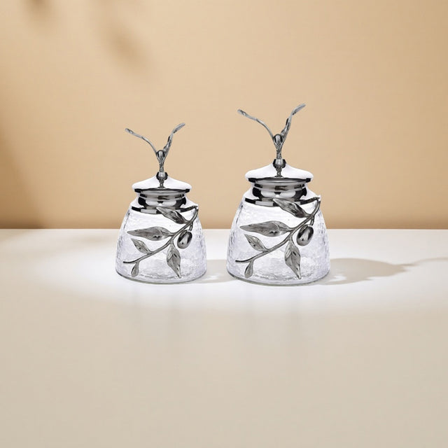 decorative glass stainless steel silver jar with a leaf shaped lid