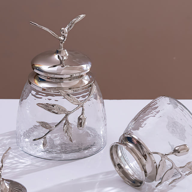 decorative glass stainless steel silver jar with a leaf shaped lid details