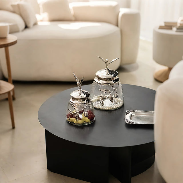 decorative glass stainless steel silver jar with a leaf shaped lid storing jewelry