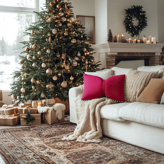 decorative red bow throw pillow with christmas tree