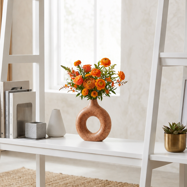 donut vase with orange flowers on shelf