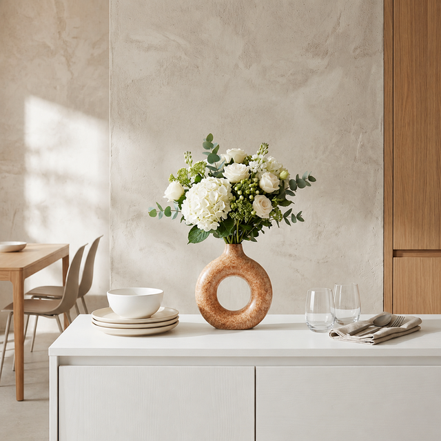 donut vase with white flowers on sideboard