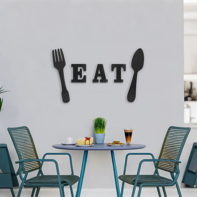 eat fork spoon series black wood wall decor above the dining table