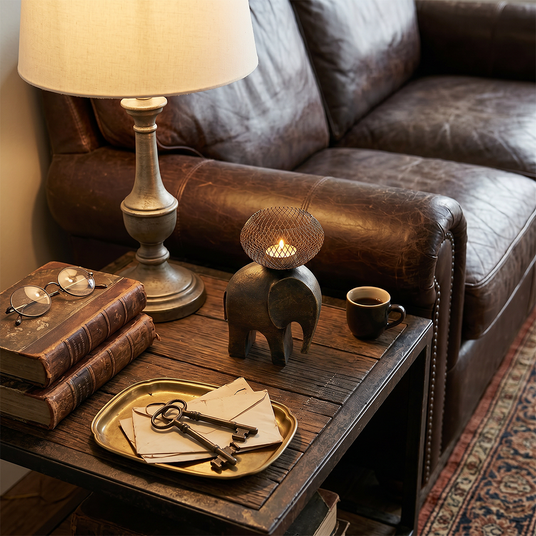 elephant candle holder on side table with lamp