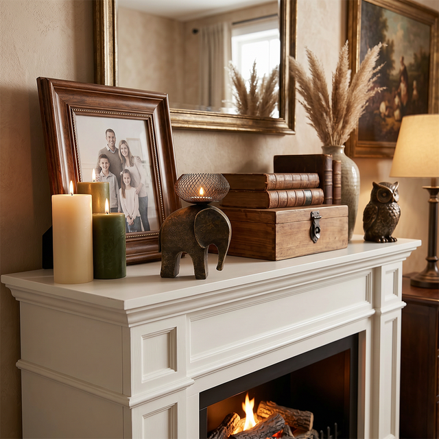 elephant candle holder on white mantel with photos