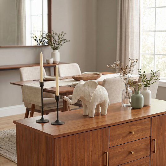 elephant sculpture on sideboard with plant