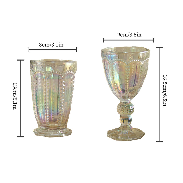 embossed glass iridescent water tumbler and goblet size chart