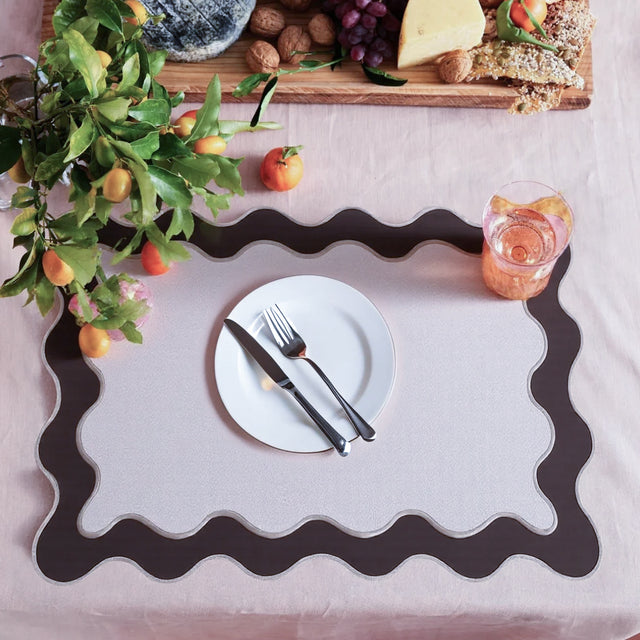 espresso brown scalloped hem placemats on table