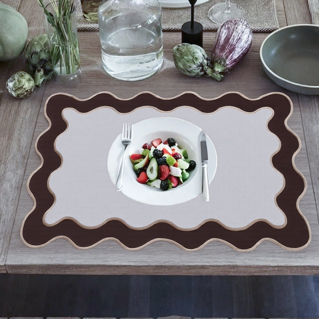 espresso brown scalloped hem placemats with food